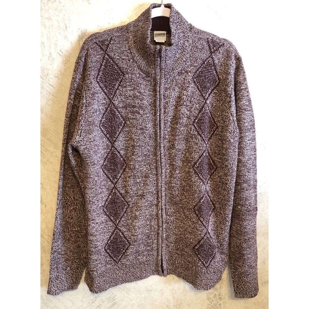 Haband Men Large Burgundy Arglyle Diamon Pattern Full Zip Cardigan Sweater Fall
